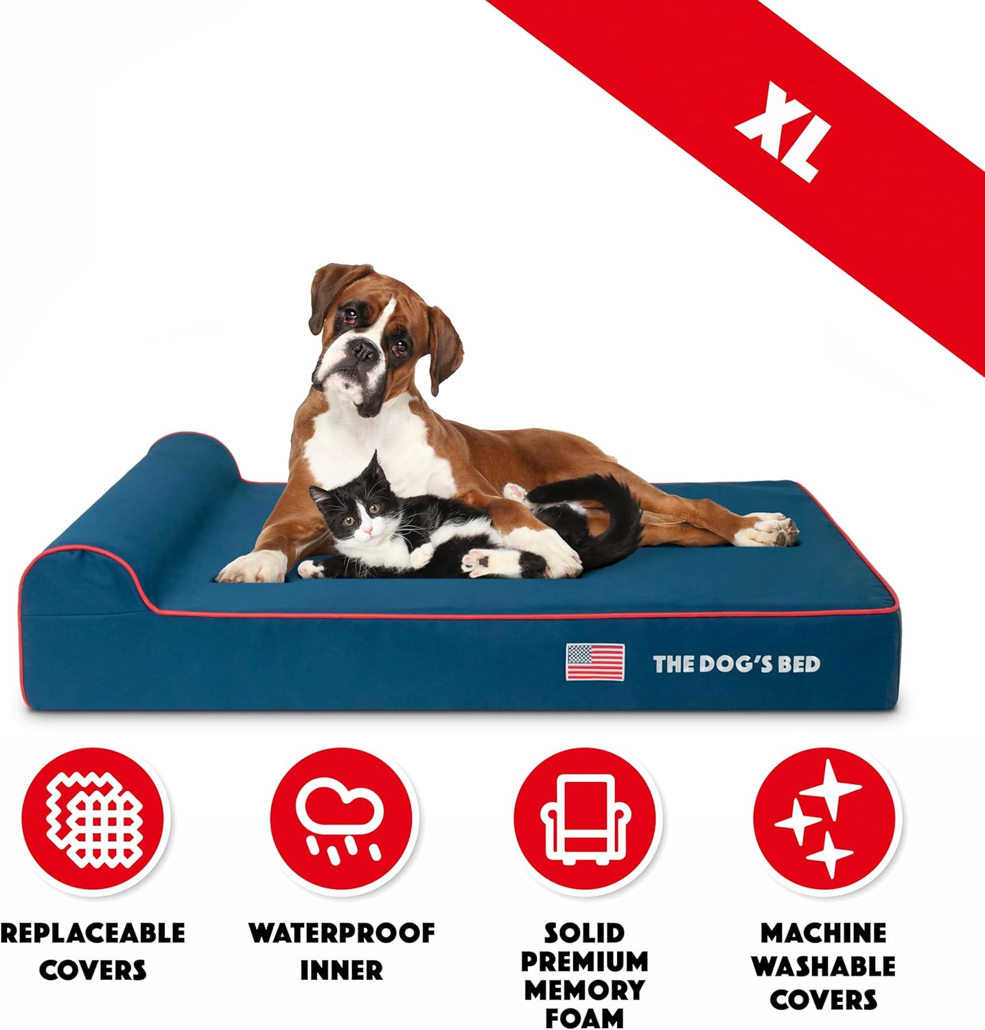 The Dog’s Bed Orthopedic Headrest Dog Bed XL Blue Oxford with Red Trim US Flag 46x28, Memory Foam, Hip & Elbow Dysplasia, Post Surgery, Lameness, Veterinary Approved, Waterproof Washable Cover - Pet Explorer