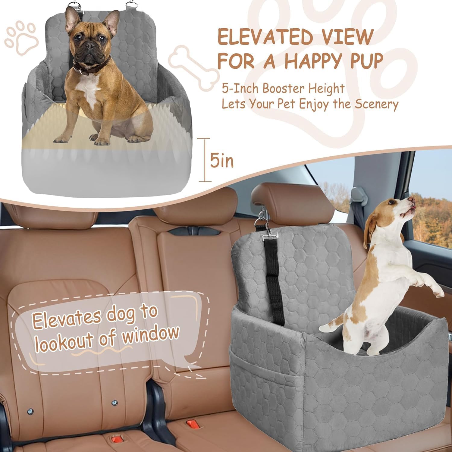 Dog Car Seat for Small/Medium Dogs - Dog Booster Seat with Safety Straps & Non-Slip Base, Travel Pet Car Seat with Storage Pockets, Washable & Removable, Suitable for Dogs Under 35 lbs (Gray) - Pet Explorer