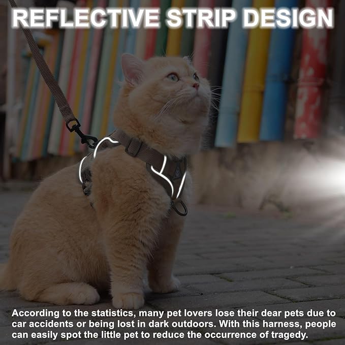 Vest Harness Leash Set for Small Dog Large Cat, Upgraded Escape Proof Adjustable Jacket with Lead for Puppy Fat Cat Outdoor Walking, Soft Breathable Mesh Coat with Reflective Strip (XL,Coffee Brown)