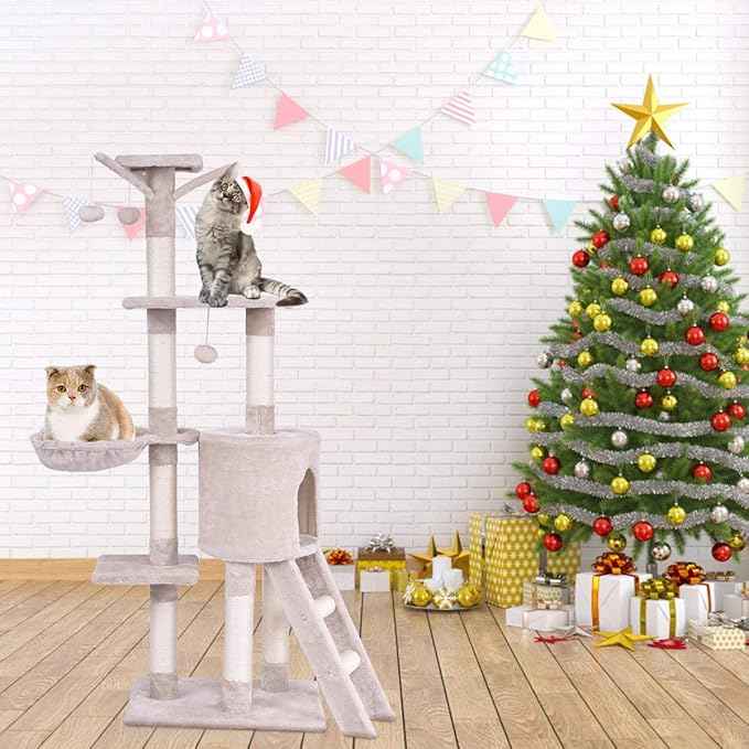 Tangkula 56 Inch Cat Tree - Multi-Level Cat Tower Condo with Sisal Scratching Post and Ladder, Large Cat Playground for Indoor Cats