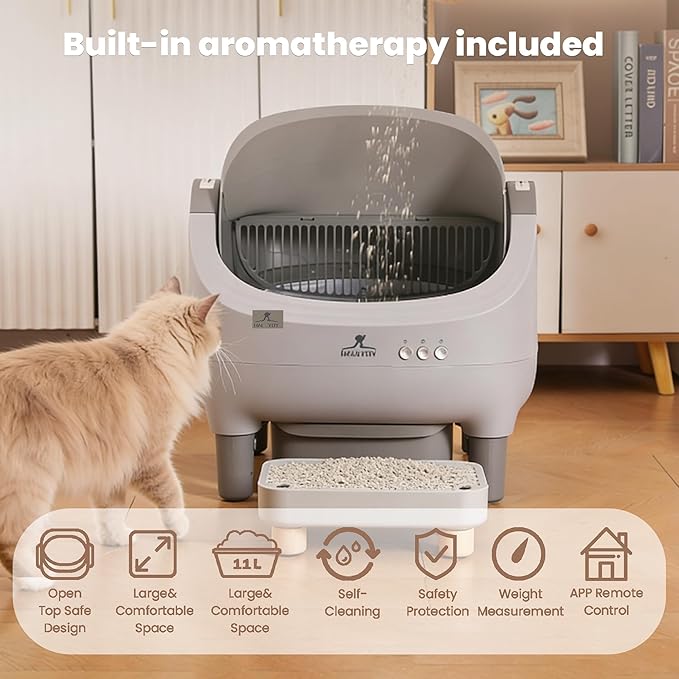 Automatic cat Litter Box with a high Step, Controlled via a Smart app, Featuring Health Data Monitoring and Silent Mode Management, Combining an Open Spacious Design with Fully Automatic Cleaning.