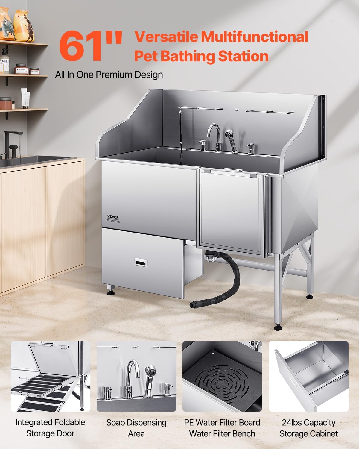 VEVOR Professional 304 Stainless Steel Dog Bathing Station, 61 inch Pet Grooming Tub w/Anti-Slip ramp, Storage Drawer, Cold Hot Faucet Showerhead for Large & Medium & Small (Right Door, with Drawer) - Pet Explorer
