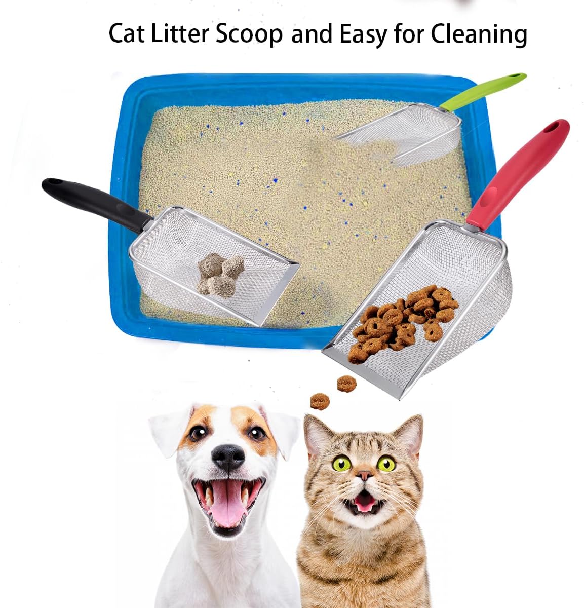 3PCS Cat Litter Scoop, Reptile Stainless Steel Fine Mesh,Litter Cleaner Corner Scoop Sand Sifter (Black-Green-Red)