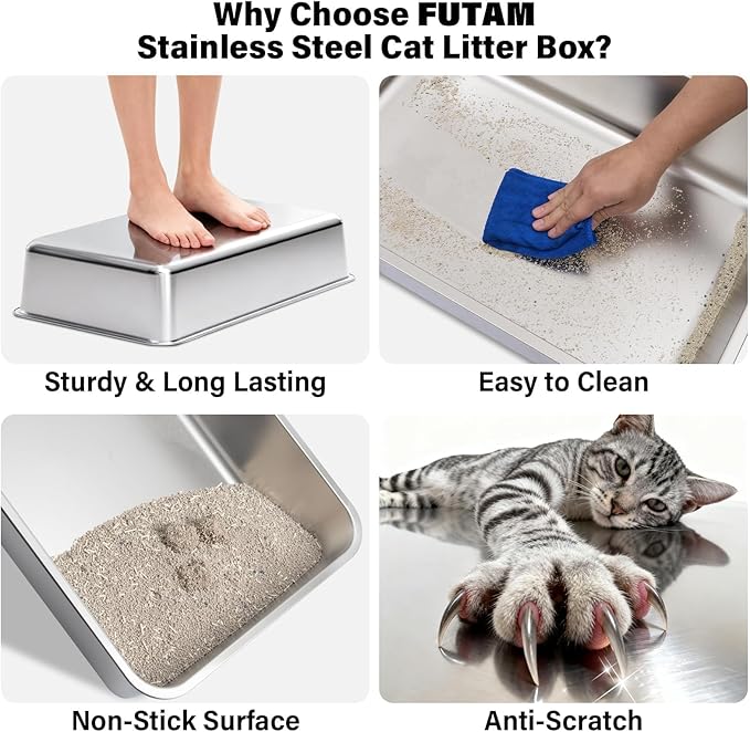 2PACK Stainless Steel Litter Box, Extra Large Cat Litter Boxes for Big Cats, XL Metal Cat Litter Box with High Sides Lid, Anti-Urine Leakage, Non-Sticky, Scoop and Mat Included