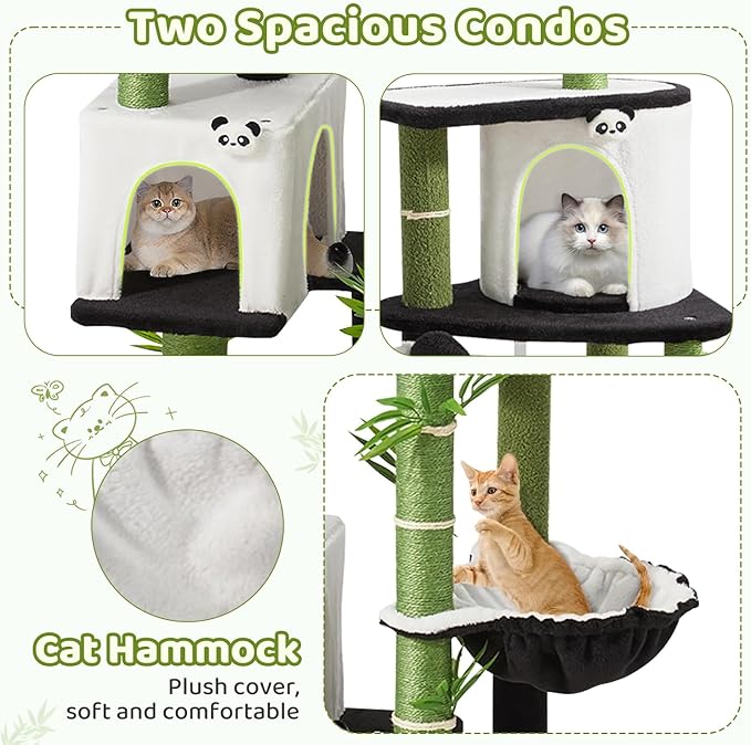 Erinnyees Cat Tree, 71.3 Inches Cat Tower for Indoor Cats with Panda Design, Spacious Cute Kitty Condo with Sisal Scratching Post, Cozy Hammock and Multi-Level Platform, Stylish Pet Furniture