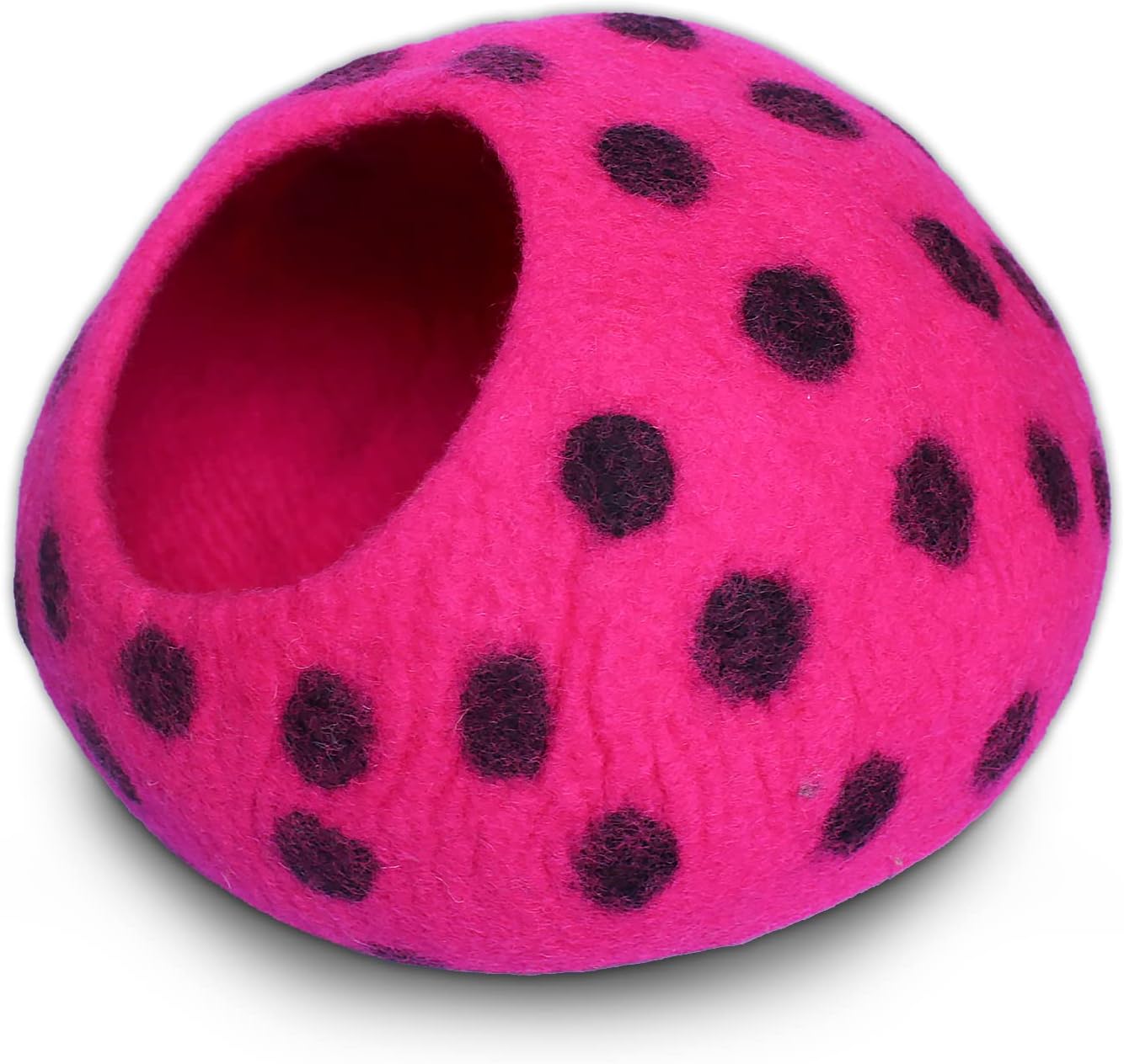 Woolygon Premium Felt Cat Cave Bed - Polka Dot Series - Wool Kitty Beds Handcrafted Kitten Caves Bed for Indoor Cats - Eco-Friendly Merino Wool, Foldable Cat Hideaway Cat Houses (Pink/Black Dots) - Pet Explorer