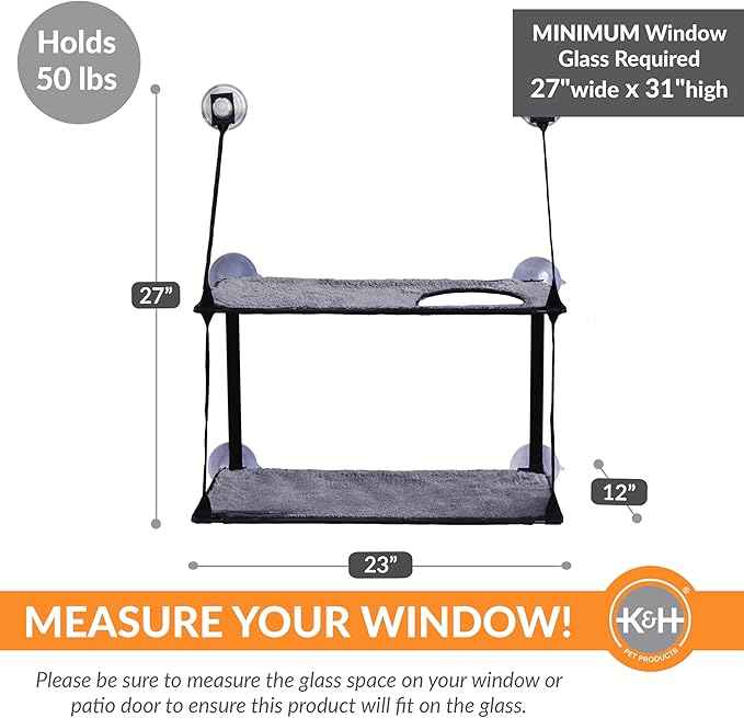 K&H Pet Products EZ Mount Double Stack Cat Window Perch for Large Cats, Sturdy Window Hammock Bed, Steel Frame, Sturdy Suction Cups, 2 Washable Shelf Covers, Foldable - Fits 27"W X 31"H Glass Spaces