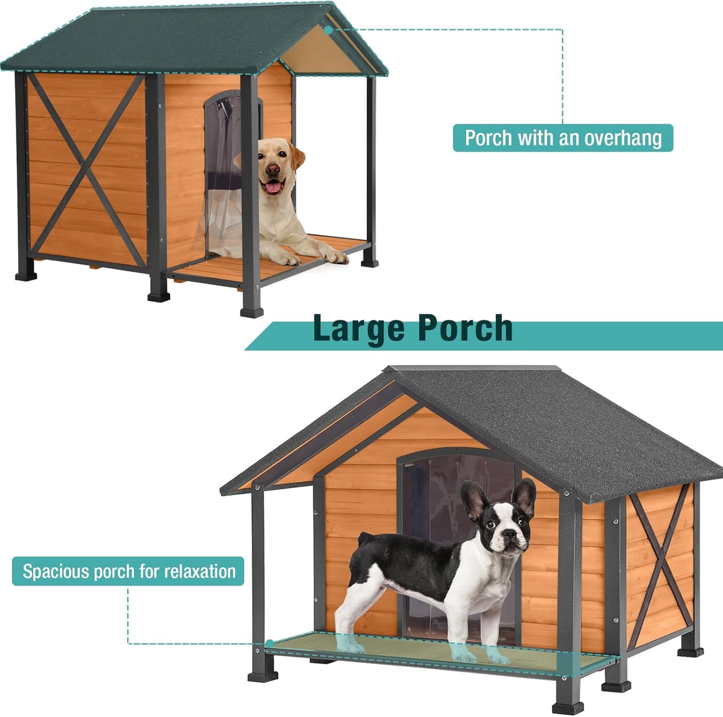 Outdoor Dog House,Weatherproof Wooden Dog Shelter for Medium and Large Sized Dogs,Iron Frame Indoor Outdoor Kennel,Pets Warm House in Winter with Large Porch (34.25"D x40.59"W x 31.5"H -IN) - Pet Explorer