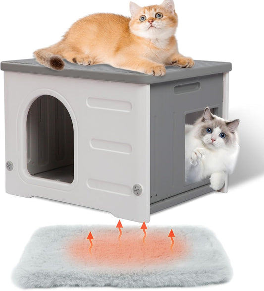 Rockever Plastic Cat House Outdoor with Escape Door, Waterproof Feral Cat House Outdoor Indoor, Sturdy Cat House for Outdoor Cats with Cat Bed Mat, Assemble Easily-Grey - Pet Explorer