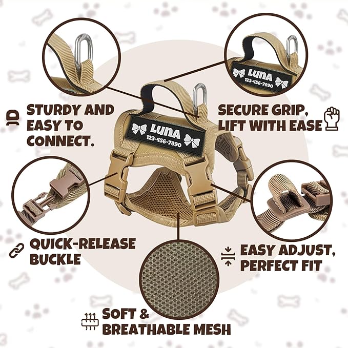 Custom Khaki Tactical Cat Harness and Leash Escape Proof Adjustable Vest with Reflective Strips and Personalized Patch Soft Breathable Outdoor Gear for Walking Training Fits Cats 7-12 lbs