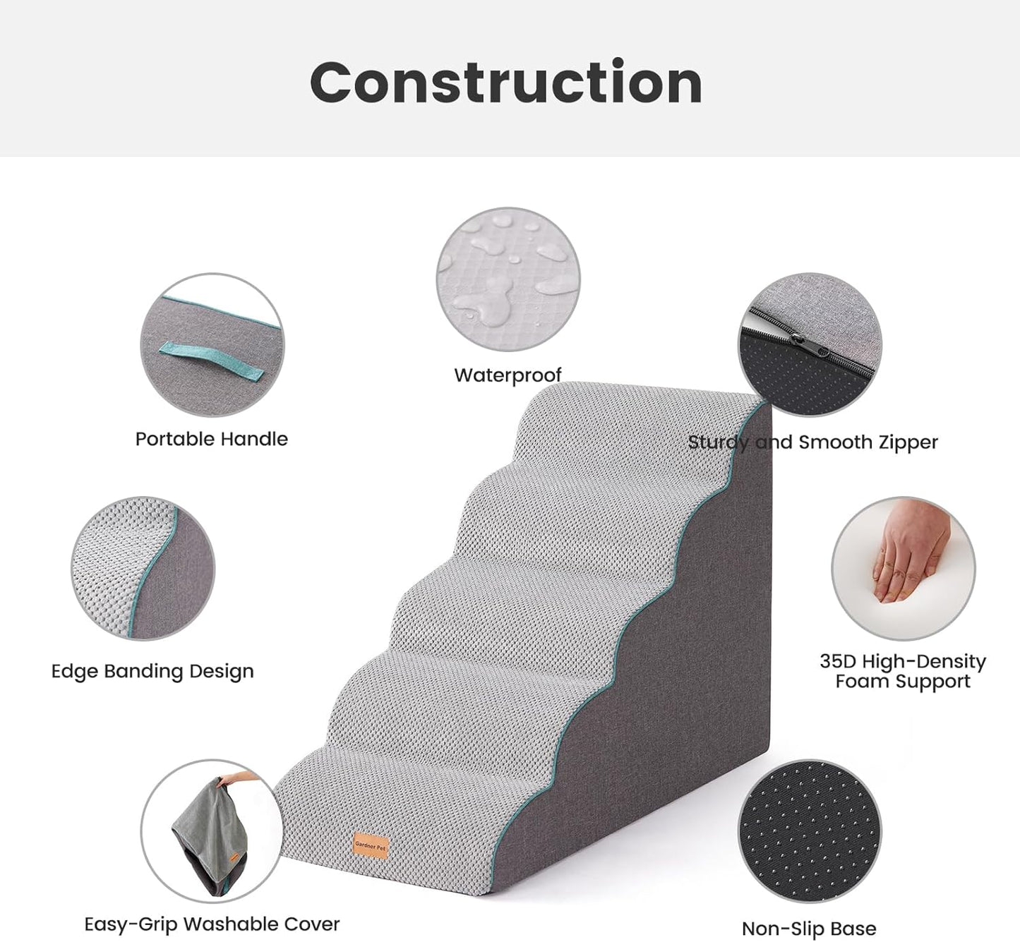 Gardner Pet Dog Stairs for Small Dogs 22.8" H, Curved 5-Step Pet Stairs, Dog Steps for High Bed, Couch (24-30 in) with Durable Non-Slip Waterproof Fabric Cover and CertiPUR-US Certified Foam - Pet Explorer