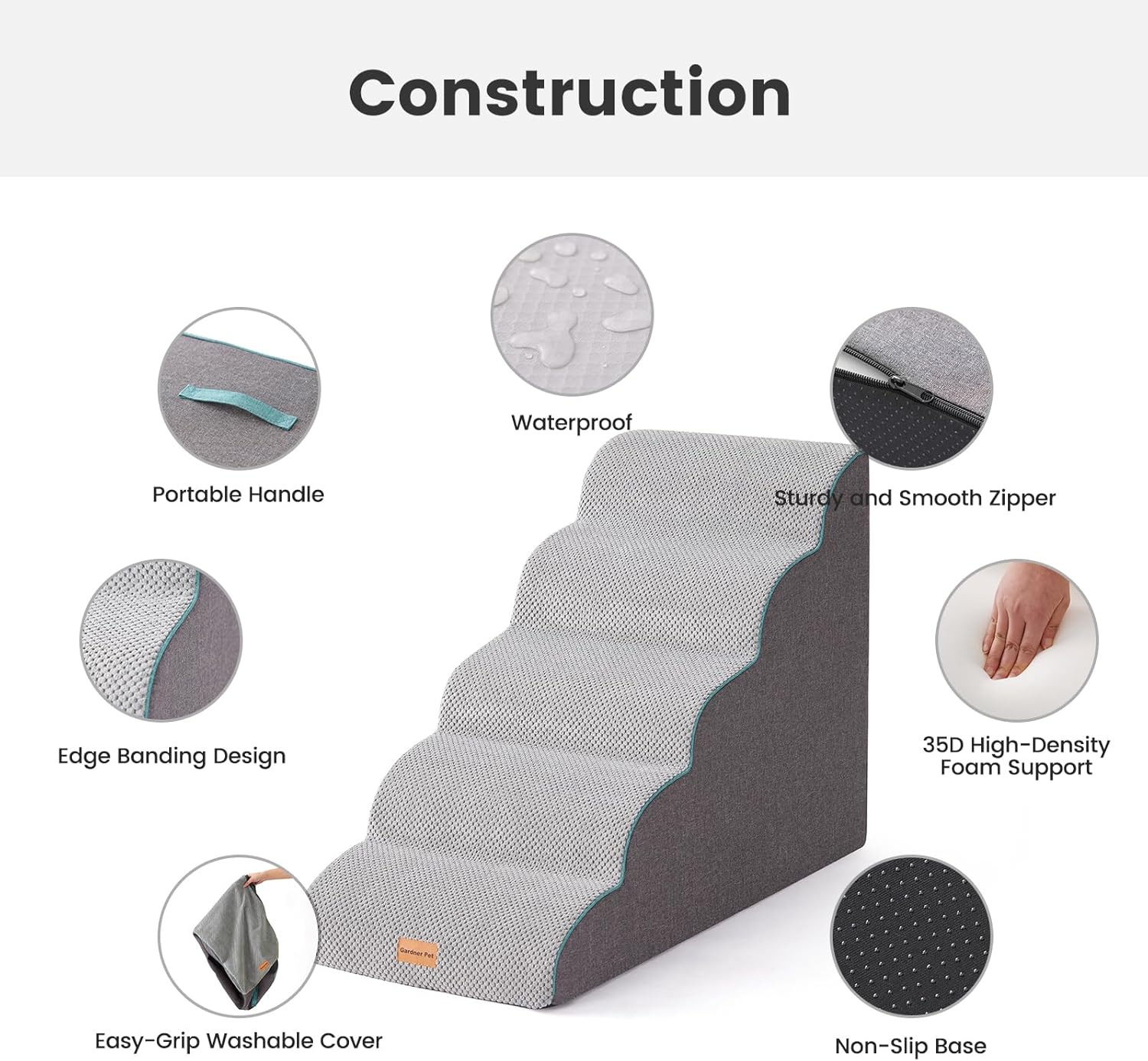 Gardner Pet Dog Stairs for Small Dogs 22.8" H, Curved 5-Step Pet Stairs, Dog Steps for High Bed, Couch (24-30 in) with Durable Non-Slip Waterproof Fabric Cover and CertiPUR-US Certified Foam - Pet Explorer
