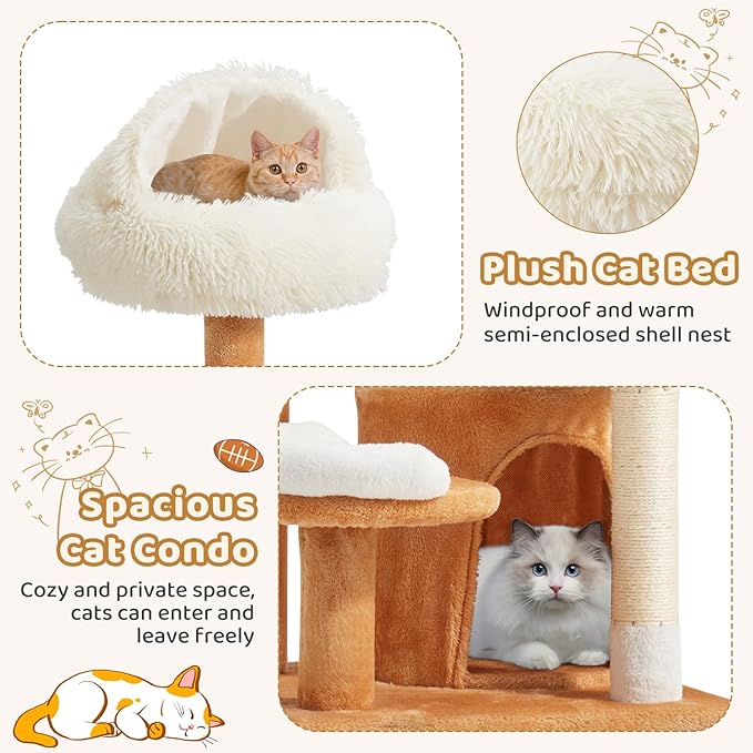 Erinnyees Cute Cat Tree for Indoor Cats Large Adult, 51" Multi-Level Tower with Condo & 12-Inch Plush Cat Bed, Football Shaped Platform, Space-Saving Cat Furniture for Apartments, Easy to Assembly