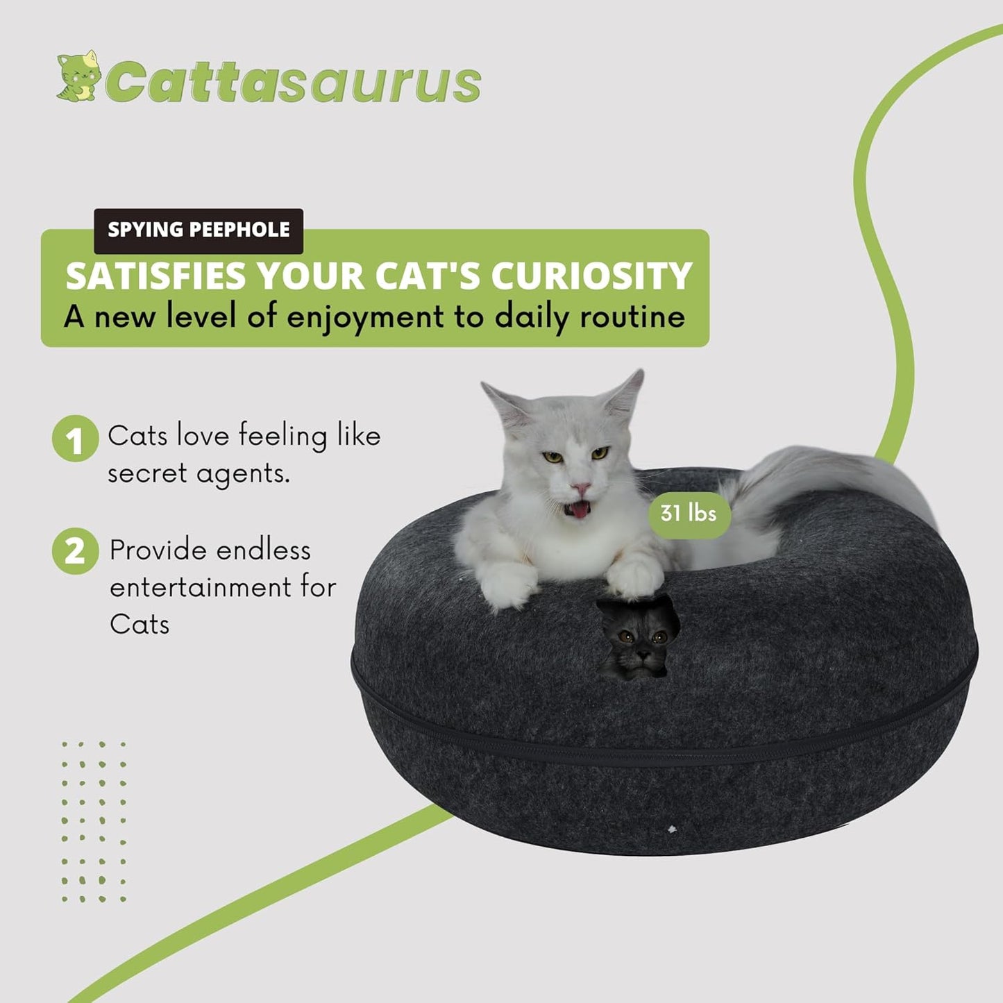 Cattasaurus Peekaboo Cat Cave, Extra Spacious for Multiple & Large Cats 12+ lbs, Scratch Detachable Beds for Indoor Cats, Washable Tunnel Bed, Comfy Cat Donut Tunnel (Dark Gray+Dark Gray, Jumbo) - Pet Explorer