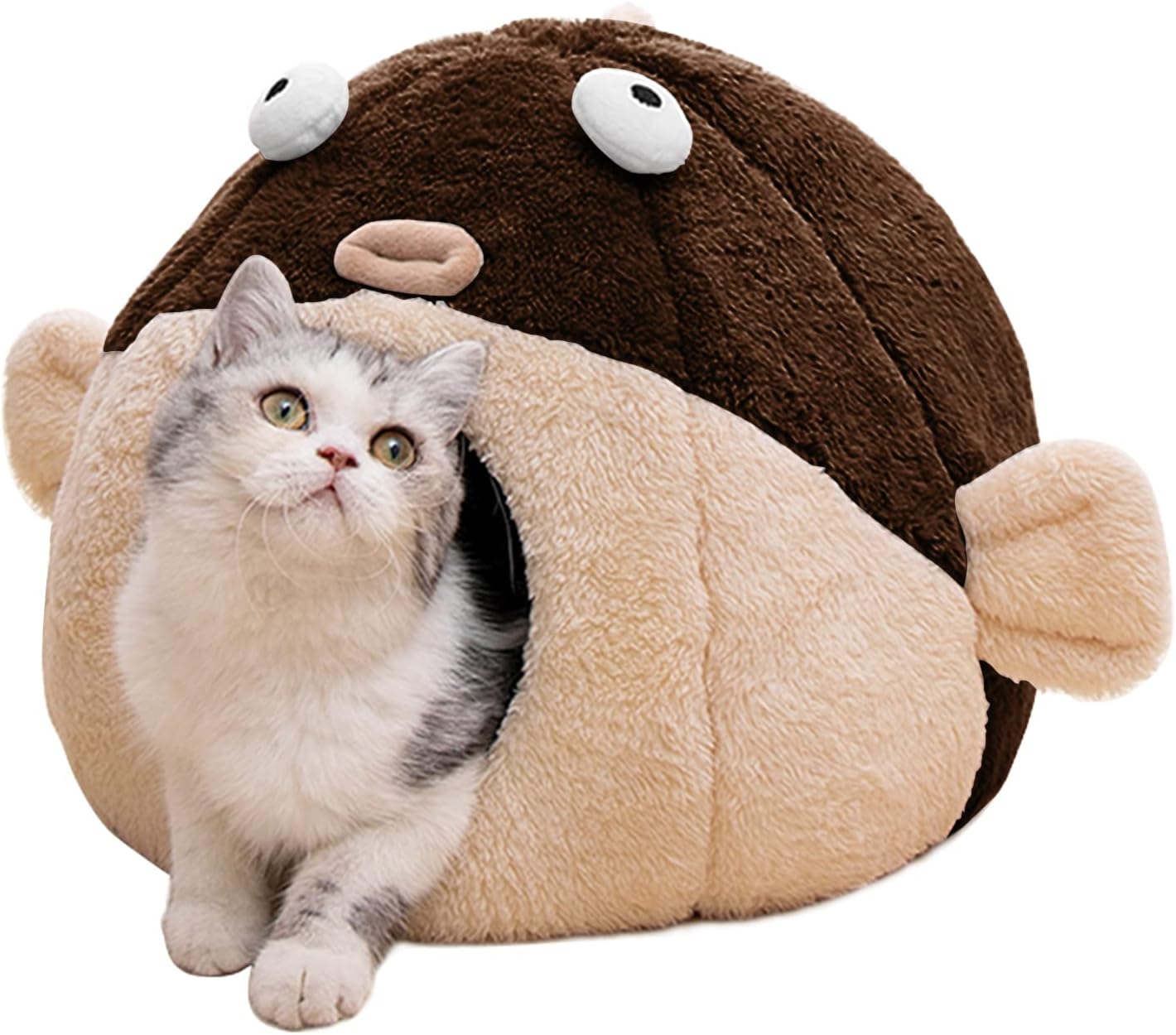Cat Beds for Indoor Cats - Cat Bed Cave with Removable Washable Cushioned Pillow, Soft Plush Premium Cotton No Deformation Pet Bed, Lively Pufferfish Cat House Design, Brown, Multiple Sizes(L) - Pet Explorer