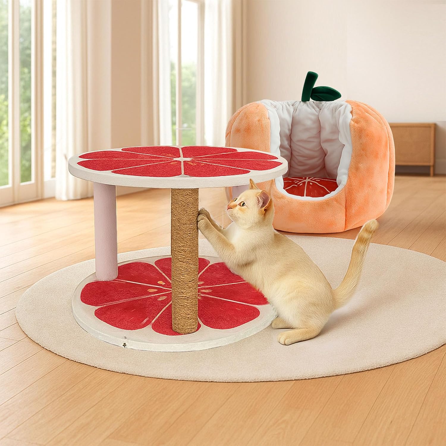 Cat Houses for Indoor Cats, Small Cat Tree with Sisal Ropes and Plush Perch, Cute Cat Bed Cave with Soft Pillow, Grapefruit Design - Pet Explorer