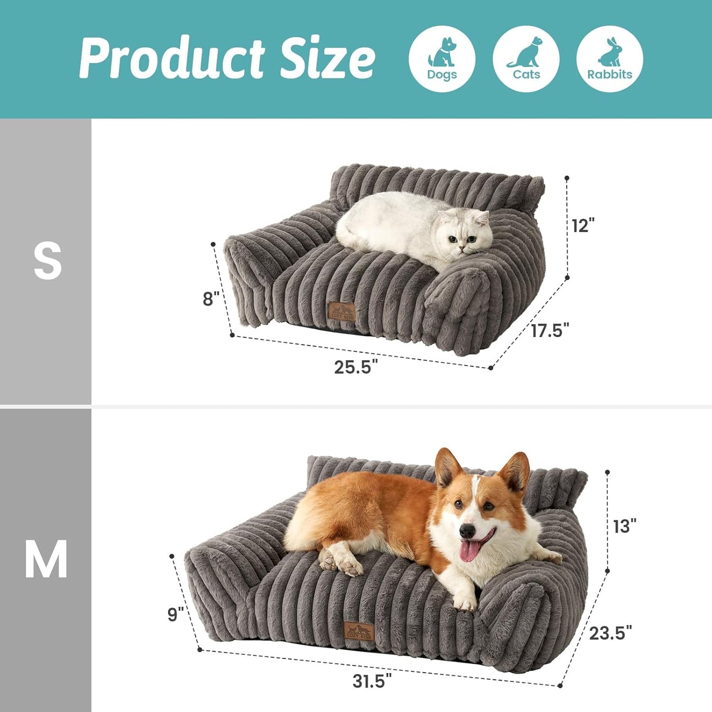 Cute Cat Couch, Premium Plush Faux Fur Pet Couch Bed, Ultra-Soft Pet Furniture for Cats & Small Dogs (Grey, M: 31.5''x23.5'') - Pet Explorer