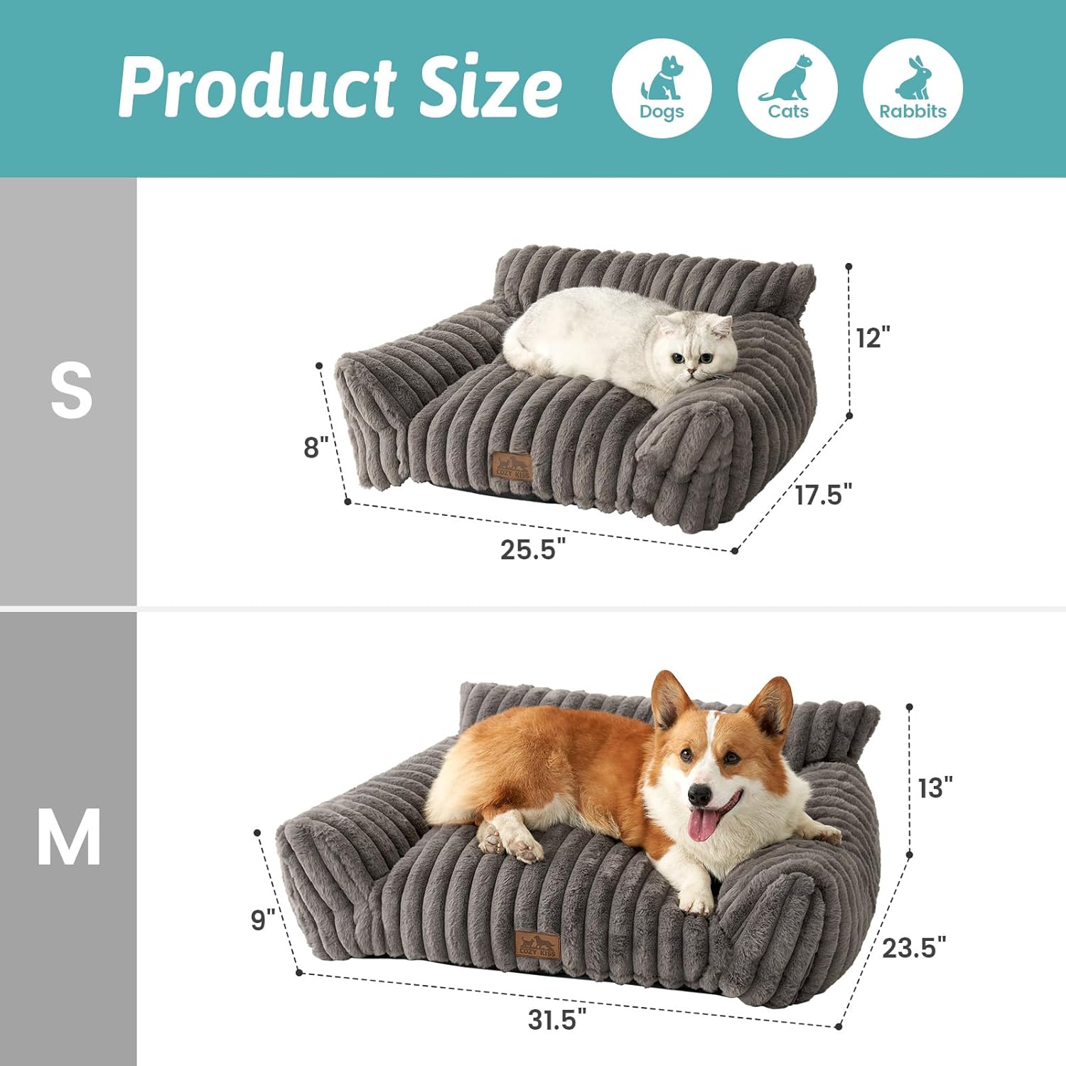 Cute Cat Couch, Premium Plush Faux Fur Pet Couch Bed, Ultra-Soft Pet Furniture for Cats & Small Dogs (Grey, S: 25.5''x17.5'') - Pet Explorer