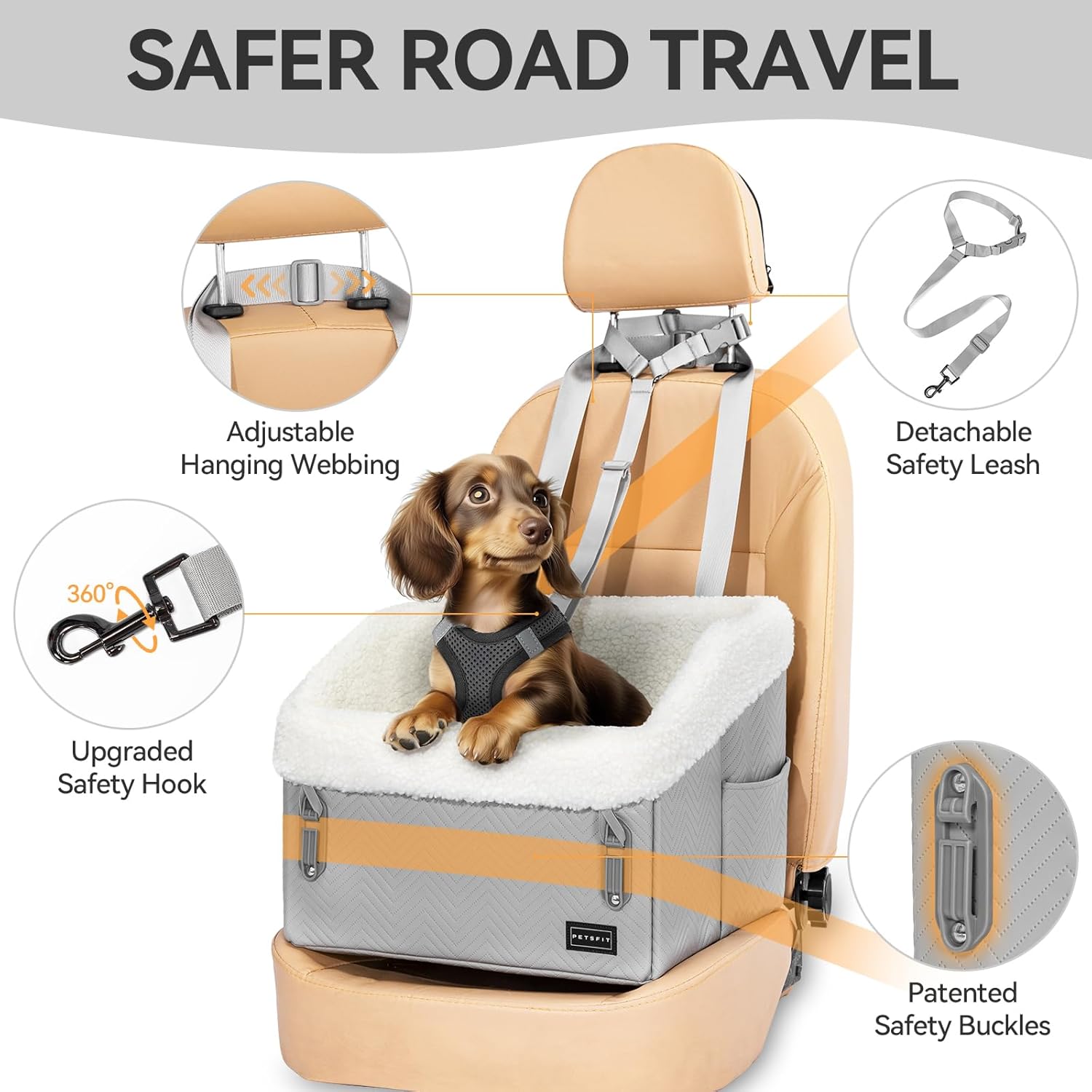 PETSFIT Small Dog Car Seat, Waterproof PU Leather Dog Booster Car Seat with Patented Safe Buckles, Pet Carseat for Medium or Small Sized Pets up to 30 lbs (Grey) - Pet Explorer