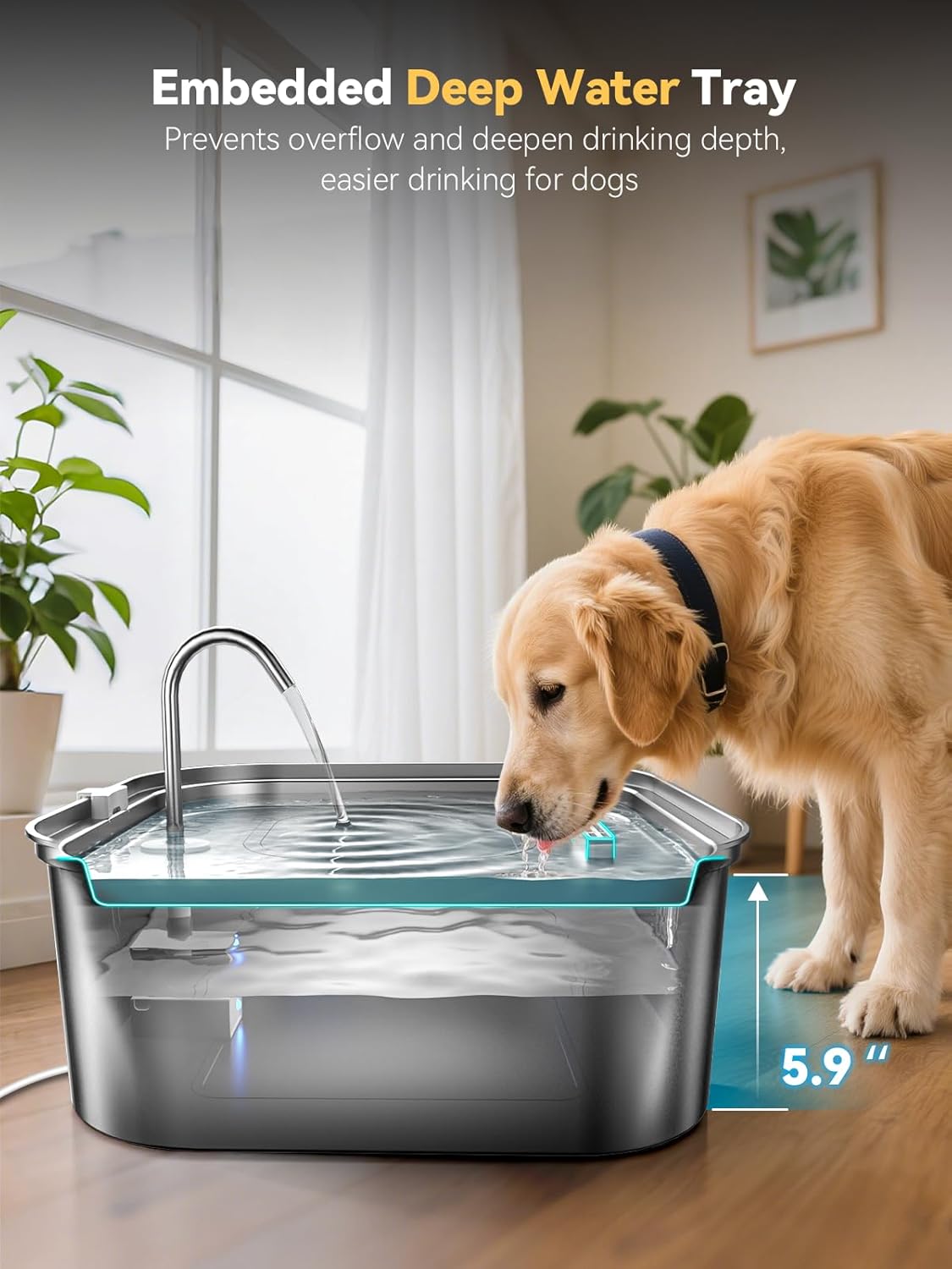 Large Dog Water Fountain 14L/3.7Gal, Stainless Steel Pet Fountain for Large Dogs and Multi-Pets Families, with Visible Window & Extra Wide Drinking Area, Square Design Enlarges Capacity & Saves Space - Pet Explorer