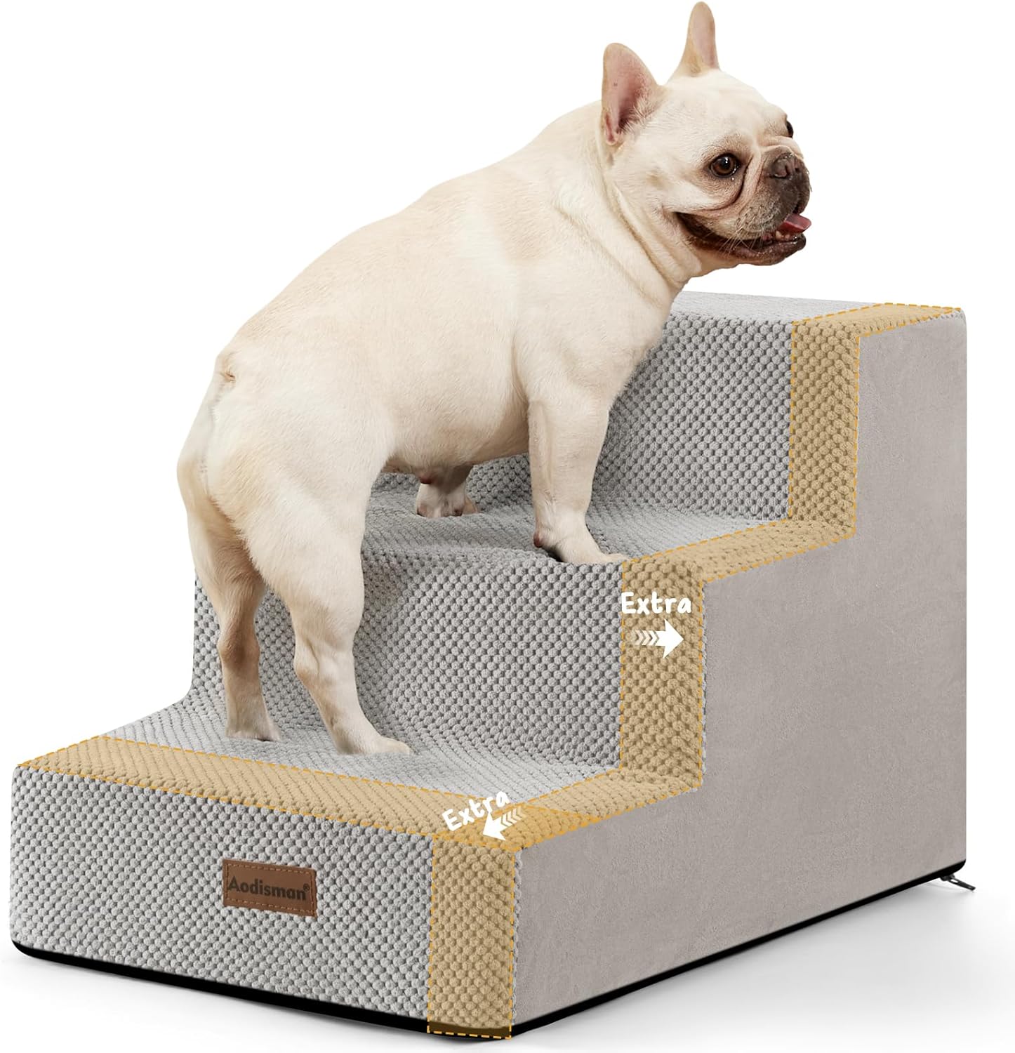 Dog Stairs for Small Dogs & Cats, 3-Step Extra Wide Non-Slip Pet Steps for Couch Sofa and Chair, Light Grey, 15.7" H - Pet Explorer