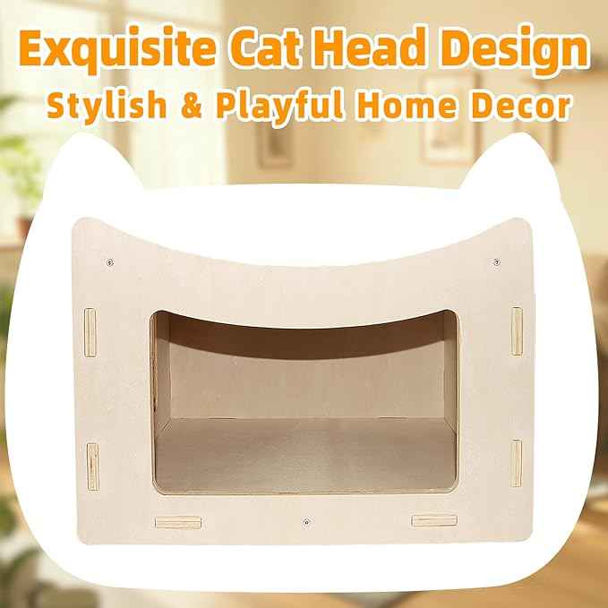 Cute Cat Head Wooden Indoor Cat House, Double Decker Cat Shelter with Elevated Soft Canvas Upper Bed, Multi-Level Pet Condo for Cats & Rabbits