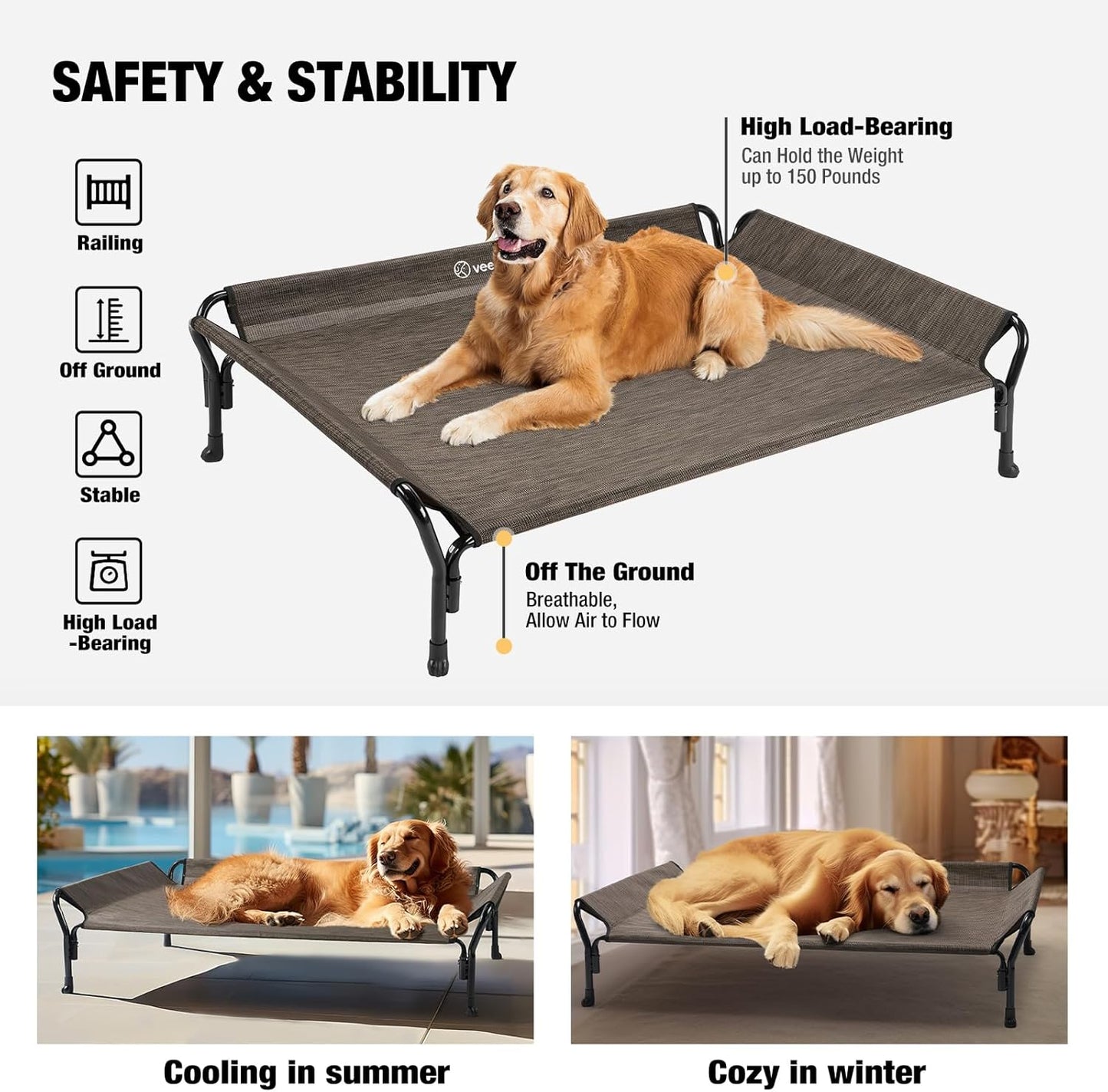 Veehoo Medium Elevated Dog Bed, Guardrail, Non-Slip, Chewproof, Washable & Breathable Teslin Mesh, Brown - Pet Explorer