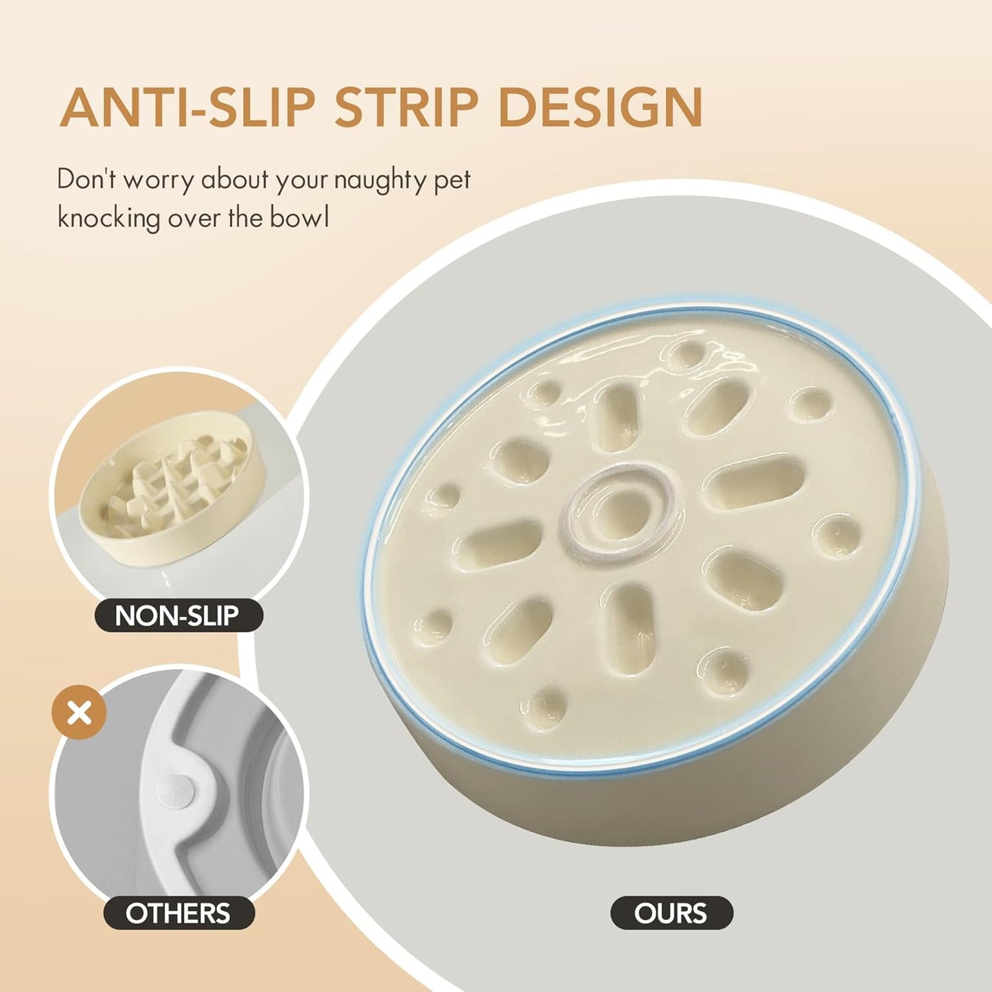 Ceramic 9.5 inch Dog Bowl Slow Feeder, Slow Pet Food Dish for Large Dog, Stop Bloat, Preventing Choking(Single Bowl, Beige) - Pet Explorer
