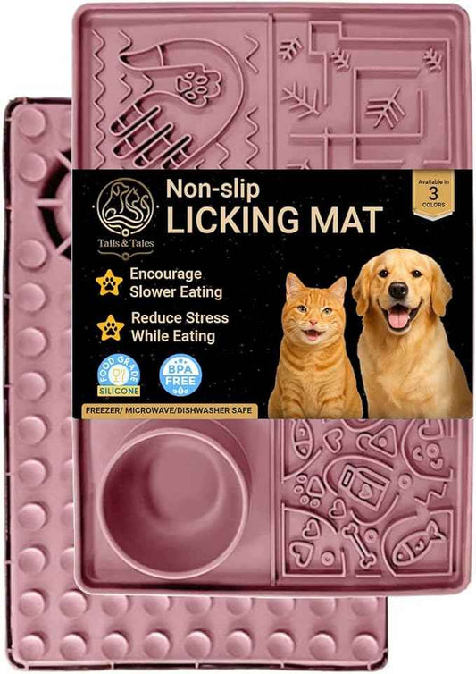 Tails & Tales Large Lick Mat for Dogs & Cats (11.2×16.7 in) with Strong Suction Cups, Slow Feeder Licking Pad for Anxiety Relief, Boredom & Bathing, Dog Enrichment Toy for Peanut Butter Yogurt (Pink)
