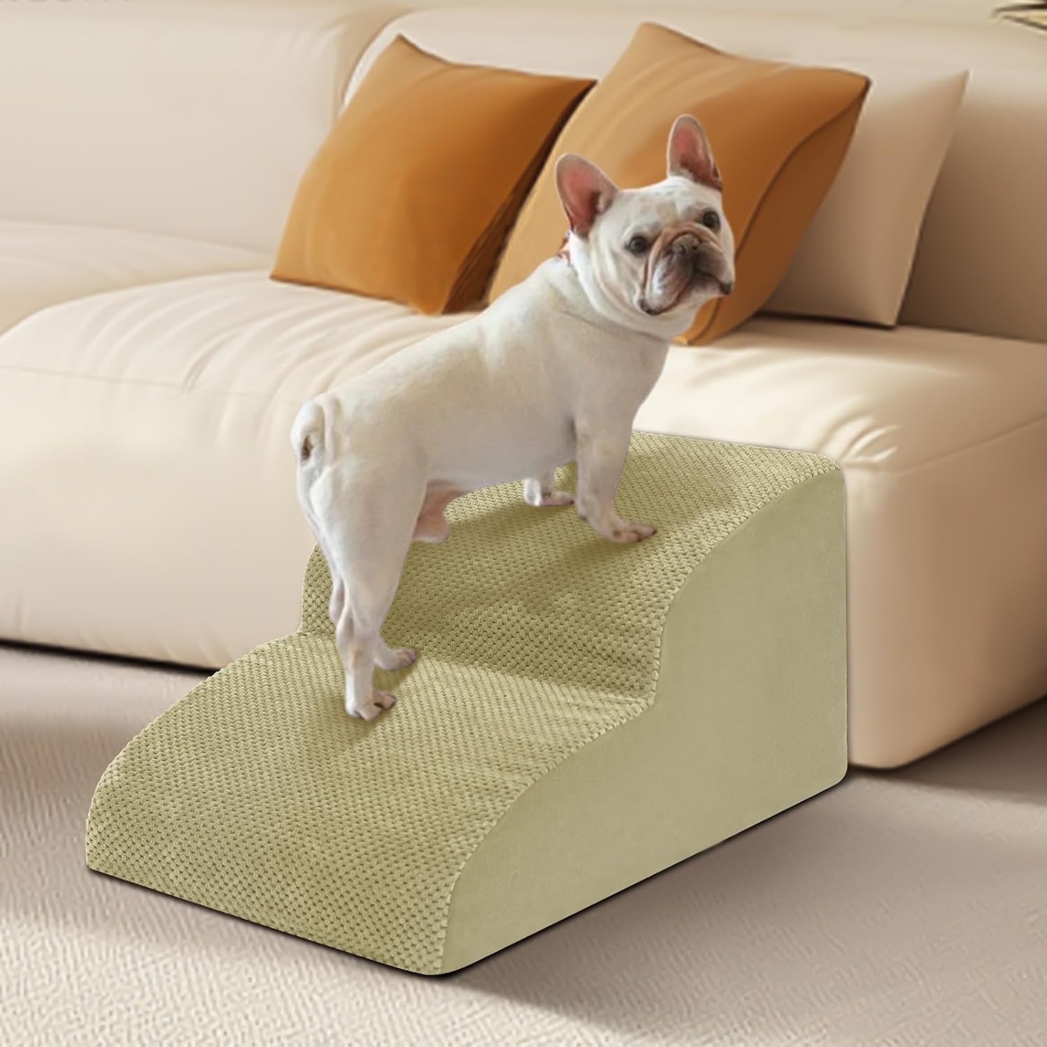 Dog Stairs for Small Dogs - High Density Foam Pet Steps, Extra Wide Dog Ramp with Non-Slip Bottom for High Beds, Couch and Sofa, Best for Dogs Injured, Older Doggy Cats,2 Steps, Camel - Pet Explorer