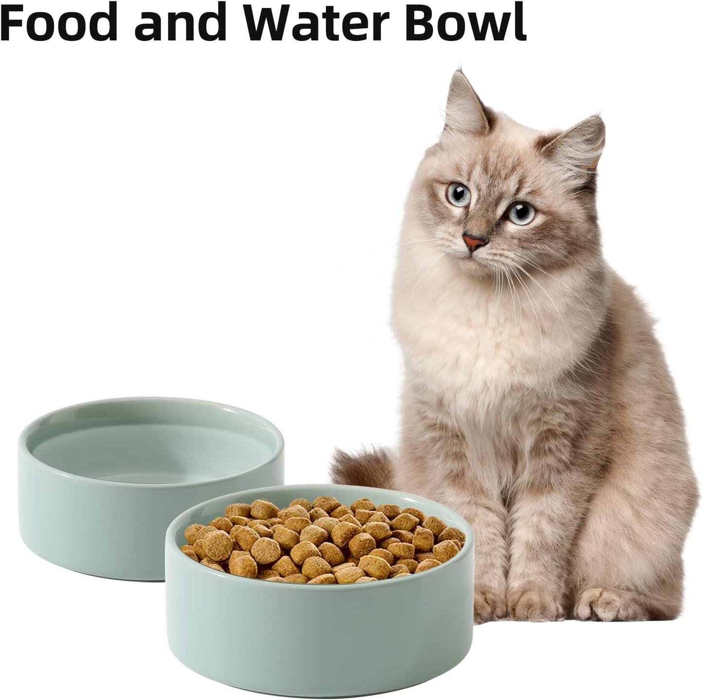 Ceramic 5.1inch Set of 2 Dog and Cat Bowls, 2pcs Anti-Slip Food and Water Feeder Dishes for Puppies, Kitties, Cats(2 Bowls, Light Green) - Pet Explorer