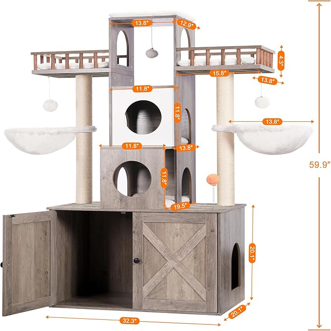 Heybly Cat Tree with Litter Box Enclosure for Indoor Big Cat, Cat Tower for Large Cats 20lbs Heavy Duty, Modern Cat Condo Furniture with Scratching Posts, Rustic Gray HCT110SG