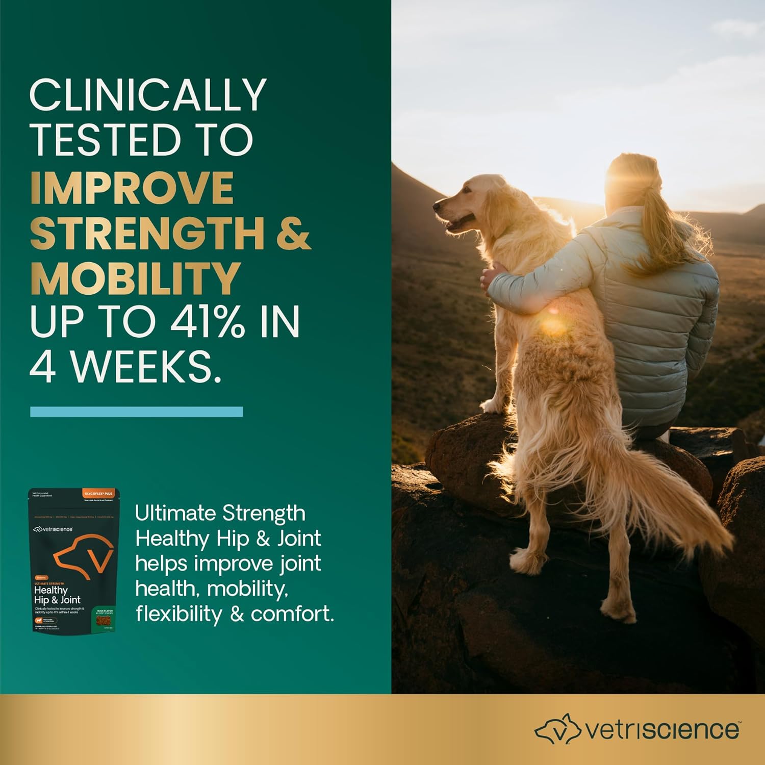 VetriScience Ultimate Strength Healthy Hip & Joint Chews, GlycoFlex Glucosamine, Chondroitin and Green-Lipped Mussel Joint Support Supplement for Dogs, Soothe Joint Discomfort, Duck, 60 Count - Pet Explorer