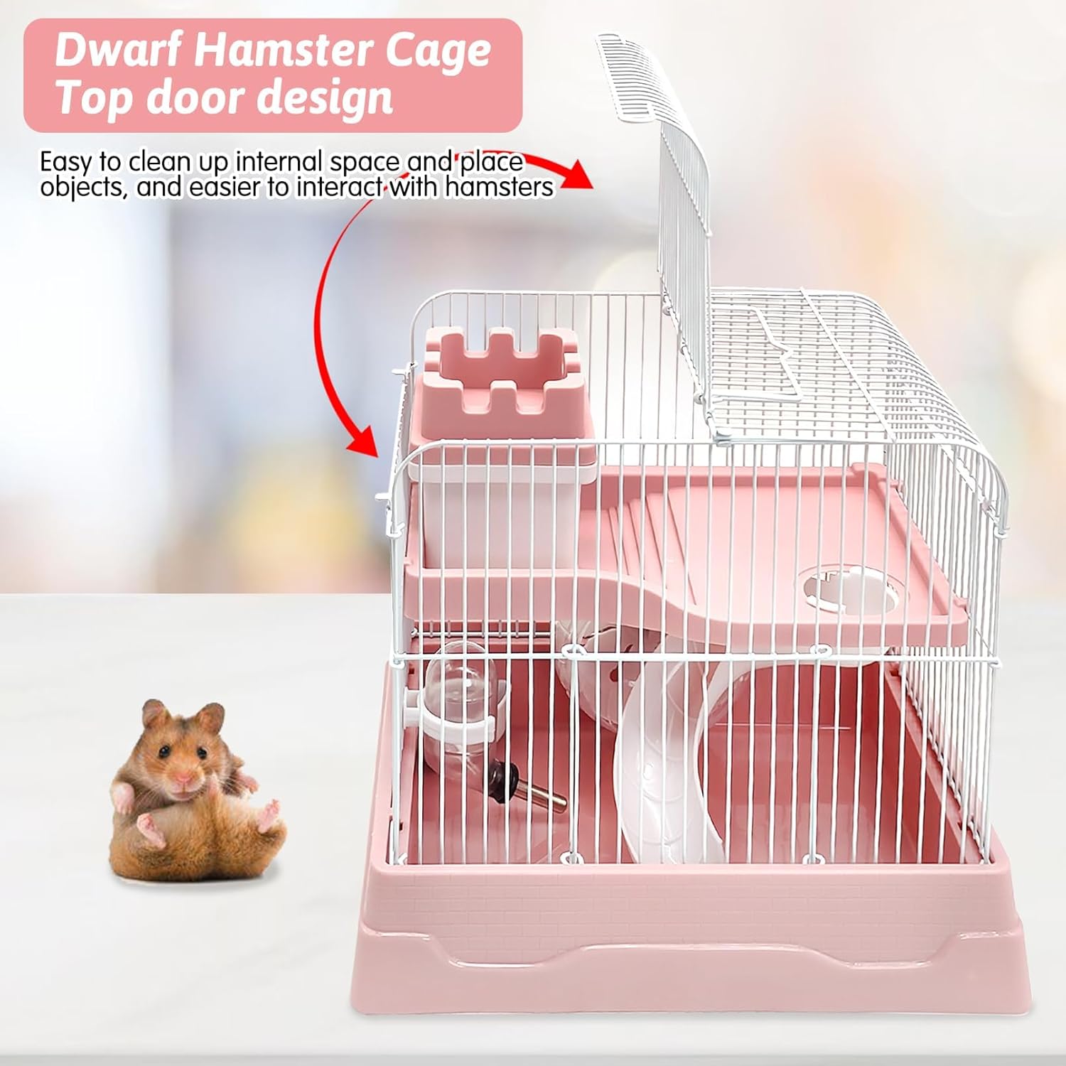 PINVNBY 2-Tier Dwarf Hamster Cage, Travel Portable Mouse Cage Gerbil Cages and Habitats Small Animal Carrier with Castle House Running Exercise Wheels, Water Bottle and Food Dis - Pet Explorer