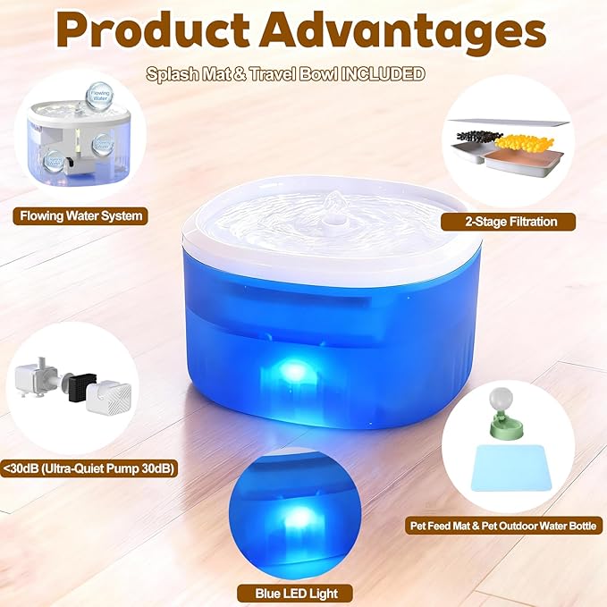 Cat Water Fountain,2.2L/74oz Cat Fountain – Ultra Quiet Upgraded Automatic Pet Water Dispenser with 3 Replaceable Filters,12oz Pet Outdoor Water Bottle&Cat Drinking Fountain for Small Dogs (Blue)