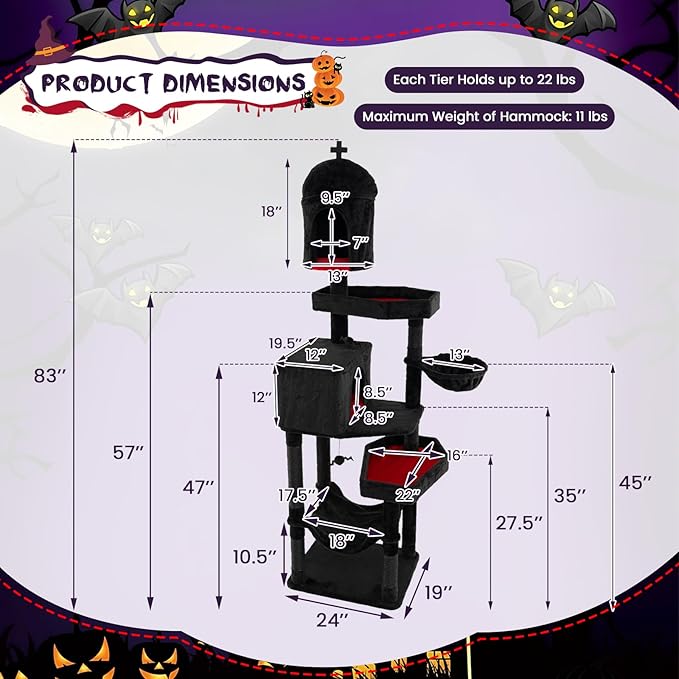 Tangkula Gothic Cat Tree, 83 Inch Tall Cat Tower with Sisal Covered Scratching Posts, 2 Coffin Beds, 2 Cat Condos, Hammock, Basket Bed, Halloween Pet Furniture, Black Goth Cat Tree for Indoor Cats