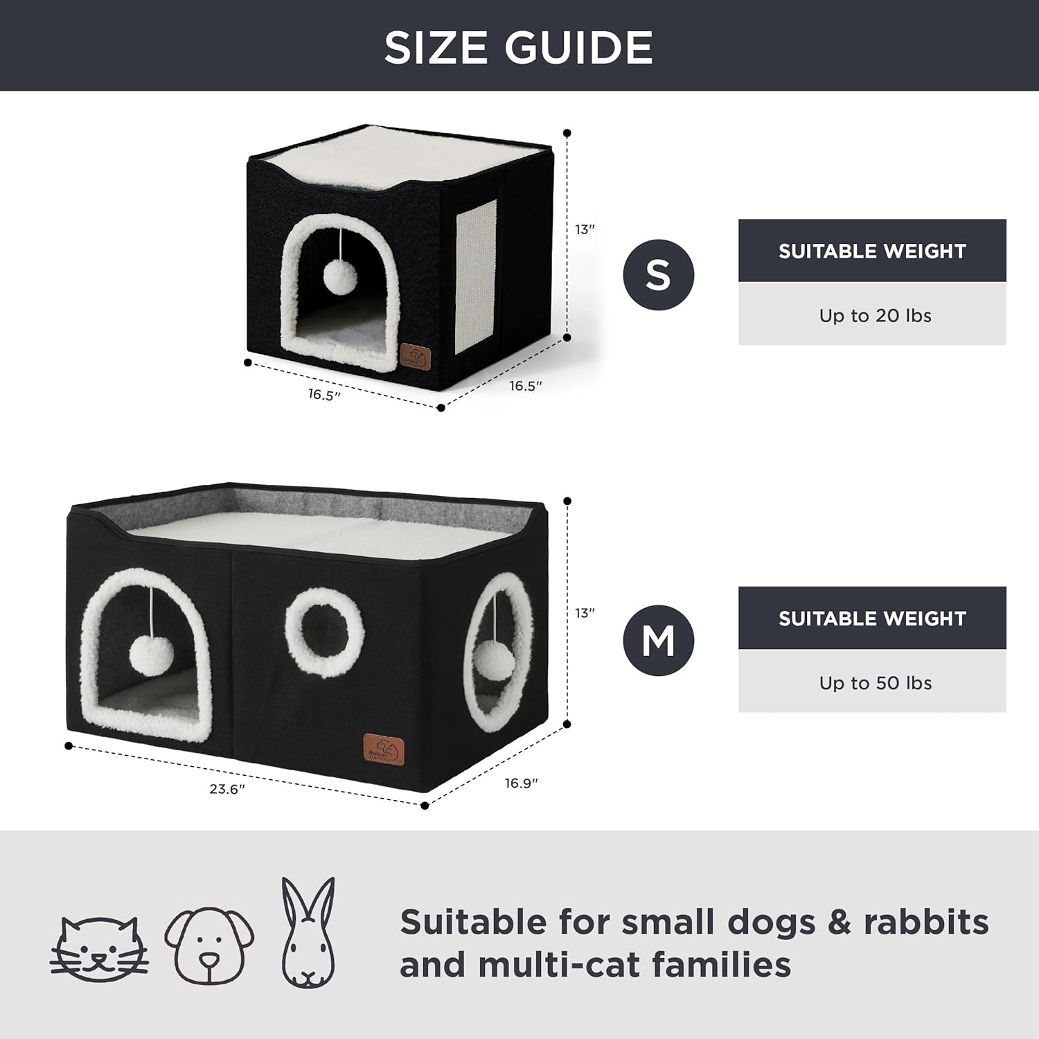 Bedsure Large Cat Beds for Indoor Cats - Extra Wide Cat Cube House for Small Pet with Fluffy Ball Hanging and Scratch Pad, Foldable Pet Cave Hideaway for Multiple Cats, 23.6x16.9x13 inches, Black - Pet Explorer