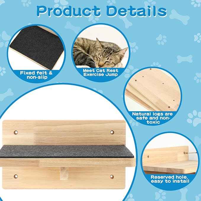 Lenwen Set of 6 Cat Wall Steps Shelf Shelves Wood Cat Climbing Shelves for Cats Mounted Furniture Cats Wall Bed Wood Stairs with Non Slip Felt for Springboard Playing (Classic)