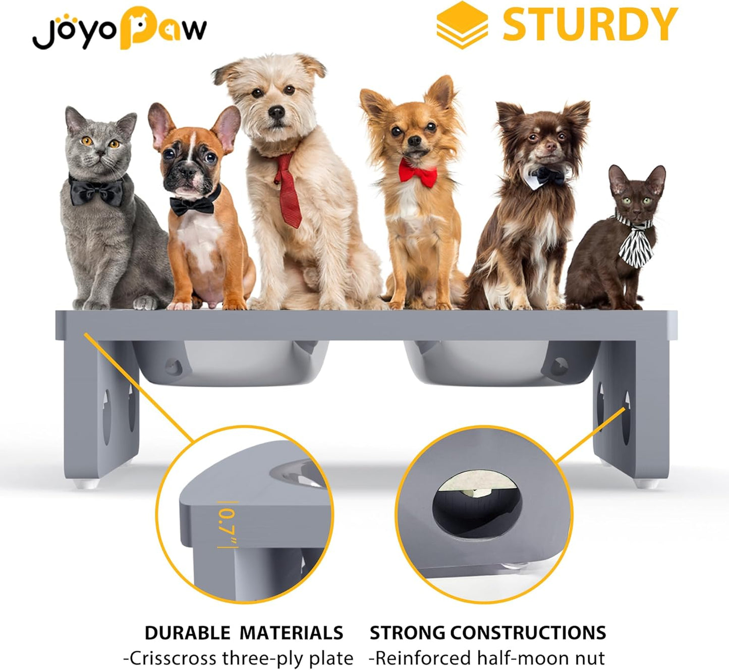 Elevated Dog Bowls, Bamboo Raised Dog Bowl for Small Dogs & Cats, with 2 Stainless Steel Bowls (4'' Tall-20oz Bowl, Grey) - Pet Explorer