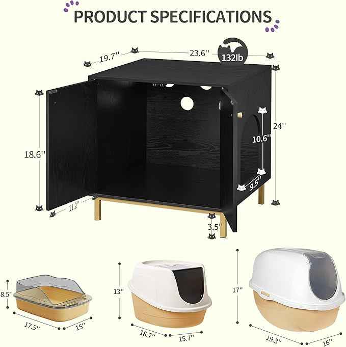 Cat Litter Box Enclosure, Hidden Litter Box Furniture Cabinet, Wooden Indoor Cat House, Side End Table, Living Room, Bedroom, Black and Gold CB81204G