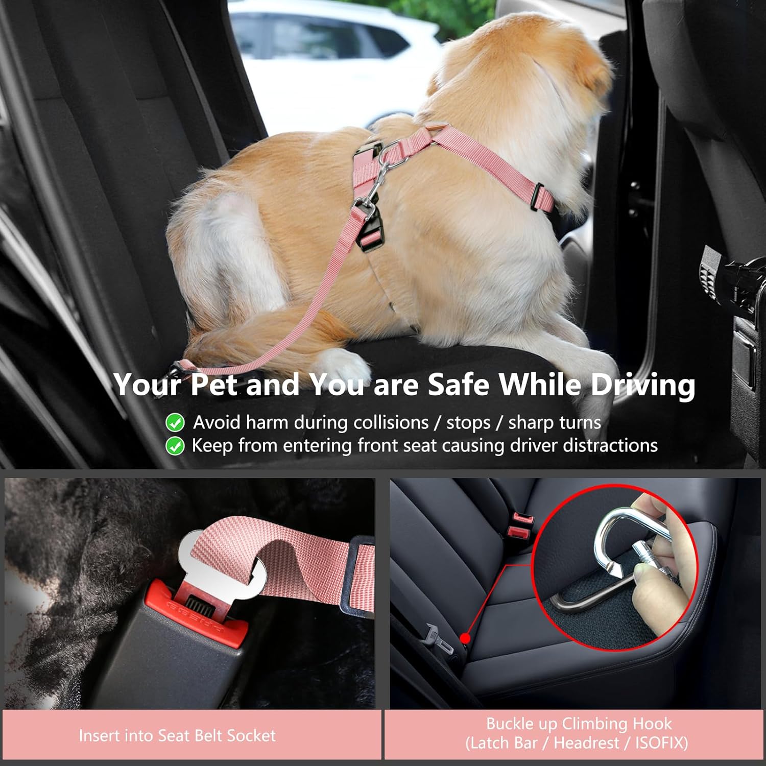 Dog Seat Belt, Safety Vest Dog Car Harness with Adjustable Buckle Dog Seat Belt for Vehicle Nylon Pet Safety Seat Belts Heavy Duty(XL, Pink Daisy) - Pet Explorer