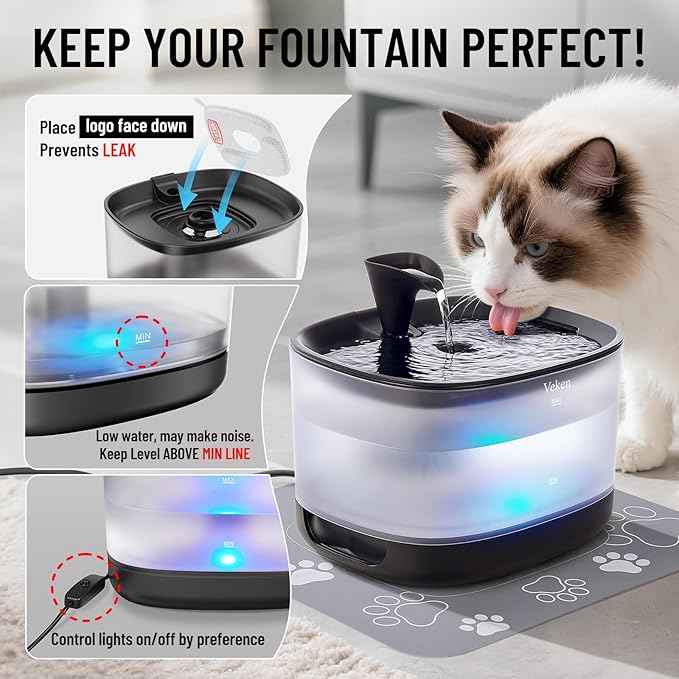 Veken Cat Water Fountain with Detachable Tank, Easy to Clean & Assemble, 84oz/2.5L Pet Drinking Dispenser with Quiet Operation & LED Light, Gifts, Cats, Dogs and Small Pets, Black