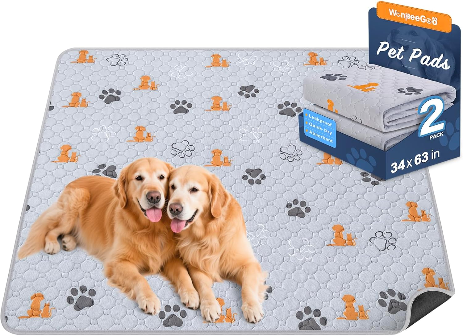 Washable Pee Pads for Dogs, 2 Pack Absorbent Reusable Training Dog Pads Pet Puppy Pads, Non-Slip Potty Pads for Whelping, Playpen, Crate, Bed, Orange, 34"x63" - Pet Explorer
