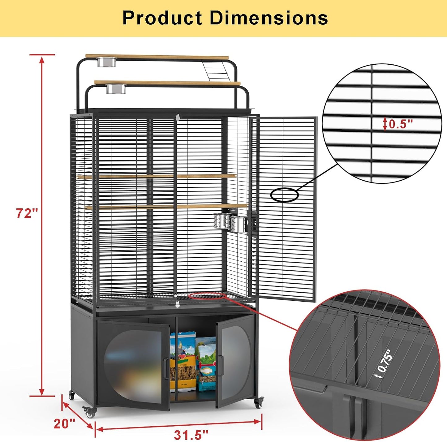 GDLF 72-Inch Bird Cage with Play Top, Parakeet Cage with Rolling Storage Cabinet Extra Large with Cover for Parrot, Cockatiel, Budgie, Parrotlet, Green Cheek Conure