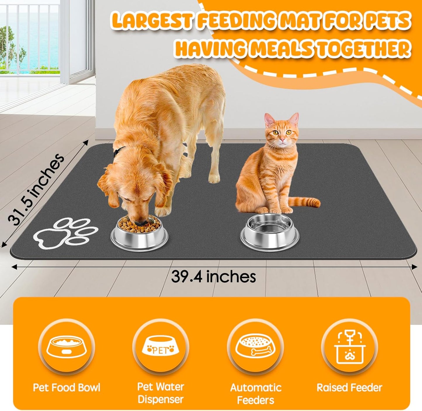 Dog Food Mat, 39.4"x31.5" Largest Absorbent Dog Mat for Food and Water, Non Skid Cat Bowl Mat, No Stains Quick Dry for Pet Water Dispenser Pet Supplies for Messy Drinkers - Pet Explorer