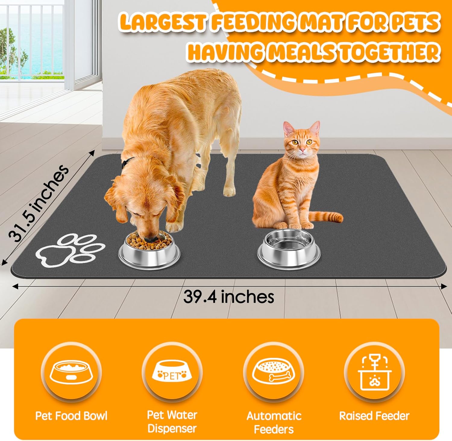 Dog Food Mat, 39.4"x31.5" Largest Absorbent Dog Mat for Food and Water, Non Skid Cat Bowl Mat, No Stains Quick Dry for Pet Water Dispenser Pet Supplies for Messy Drinkers - Pet Explorer