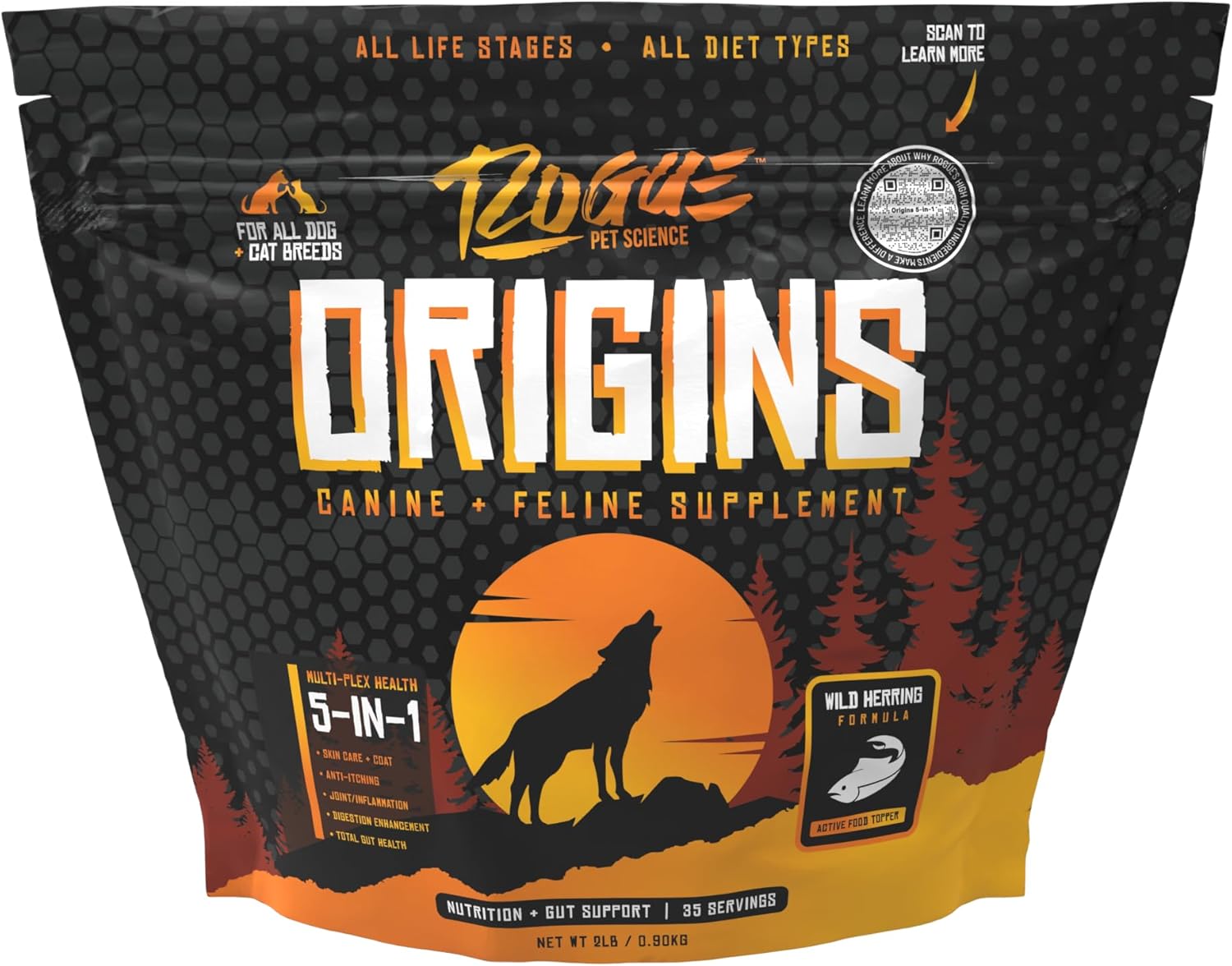 Origins 5-in-1 Dog Supplement - Powdered Food Topper w/Natural Omega 3 Fish Oil - Supports Healthy Digestion, Skin, and Coat - Helps Reduce Itching & Joint Inflammation (2 lbs) - Pet Explorer