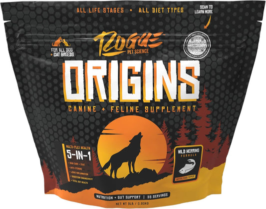 Origins 5-in-1 Dog Supplement - Powdered Food Topper w/Natural Omega 3 Fish Oil - Supports Healthy Digestion, Skin, and Coat - Helps Reduce Itching & Joint Inflammation (2 lbs) - Pet Explorer