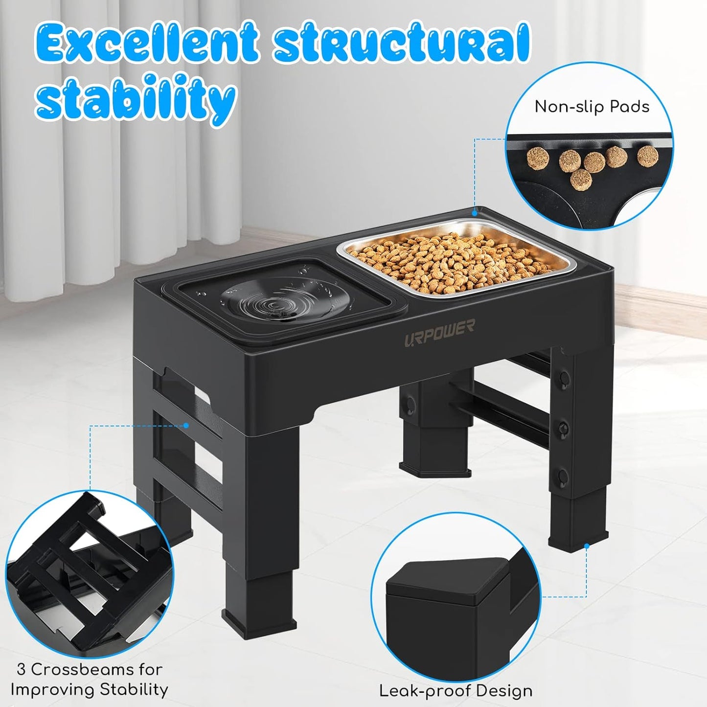 URPOWER 2-in-1 Elevated Dog Bowls 4 Height Adjustable Raised Dog Bowls with No Spill Water Bowl and Stainless Steel Food Bowl Non-Slip Stand for Small Medium Large Dogs
