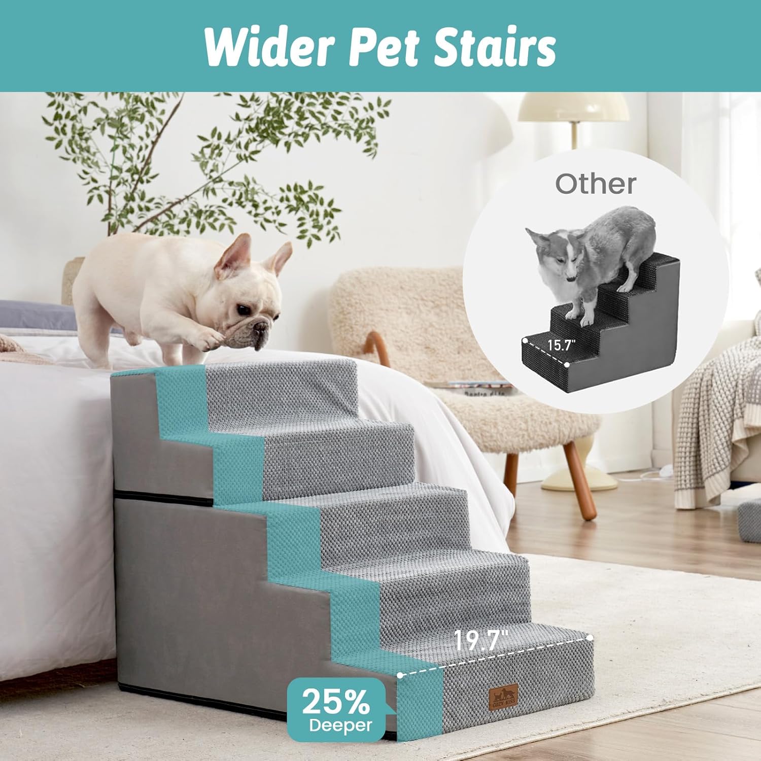 Dog Stairs for Small Dogs, 5 Tier Removable Wider Pet Stairs for Couch and Bed, 23.6" H Non-Slip Dog Steps for Puppies and Old Cats with Support Board, 29.5x19.7x23.6 inch, Grey - Pet Explorer